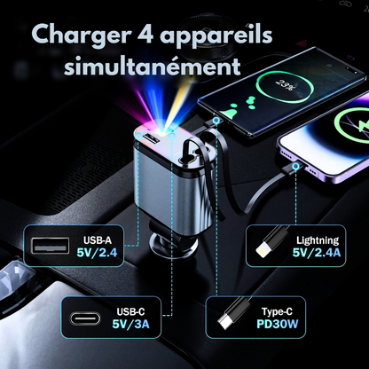 Chargeur téléphone pour voiture 4 en 1 rétractable et rapide